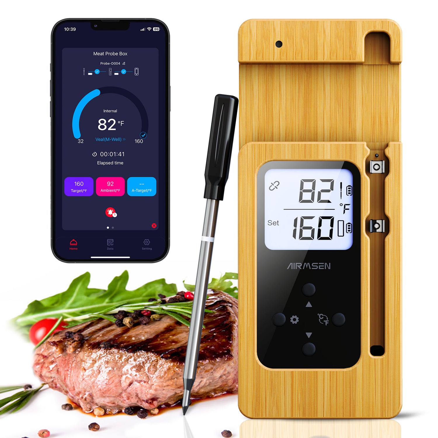 AIRMSEN Thermomètre à viande sans fil, thermomètre à viande Bluetooth intelligent avec portée sans fil de 195 pieds