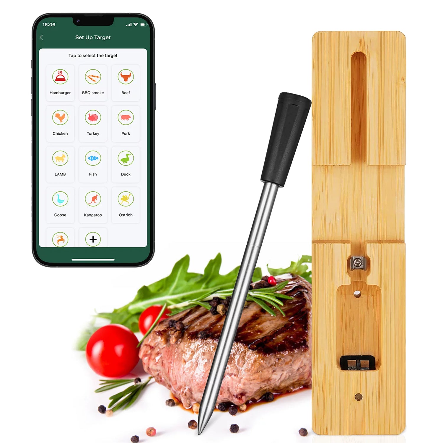 AIRMSEN Thermomètre à viande sans fil, thermomètre à viande Bluetooth intelligent avec portée sans fil de 195 pieds